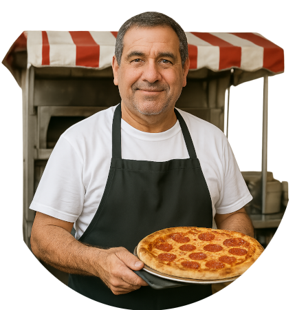 Un hombre que maneja un negocio pequeño de pizzas